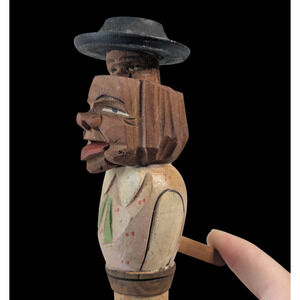Vintage Hand Carved Wood Bottle Stopper Mechanical Man Hat Lifts Up Folk Art